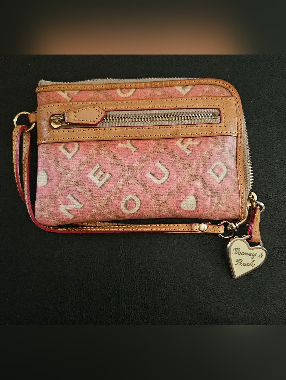 Vintage Y2K Dooney & Bourke Pink Crossword Coated Canvas Wristlet Wallet -EUC